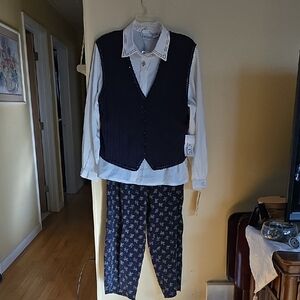 Women's Navy Blue and White Blouse And Navy Vest Set.